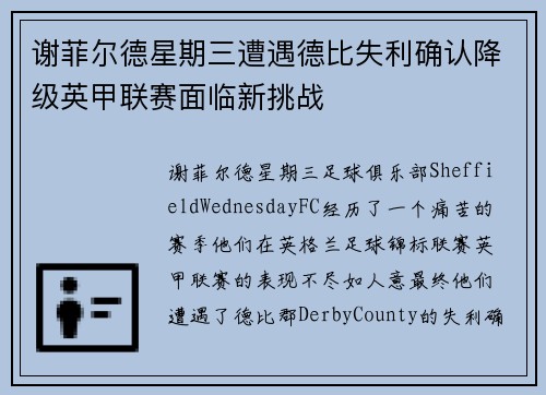 谢菲尔德星期三遭遇德比失利确认降级英甲联赛面临新挑战